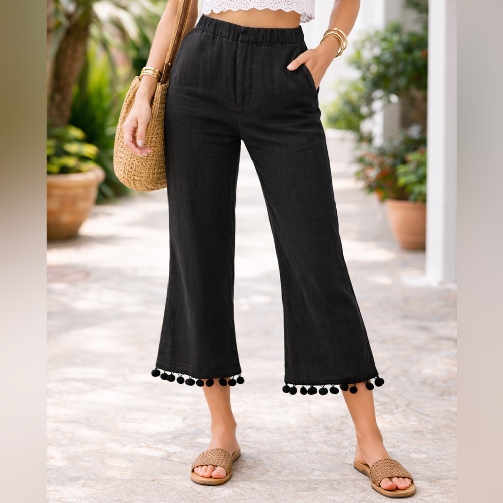 Western Boho Flare Linen Pants Rodeo Stretch Waist Zip Front Pom Pom Hem